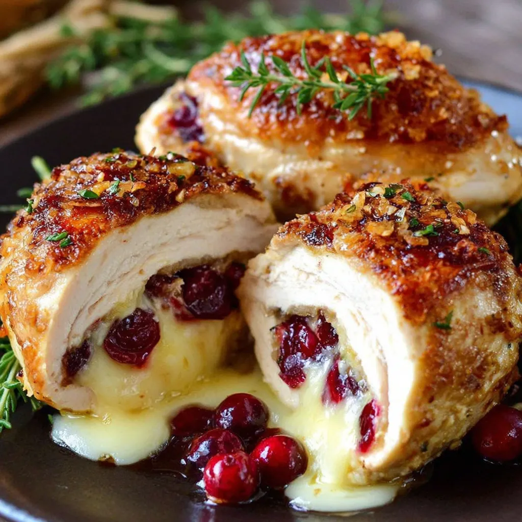 A plate of chicken with cranberry sauce and cheese.