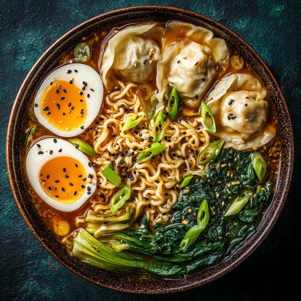 A bowl of soup with noodles, eggs, and vegetables.