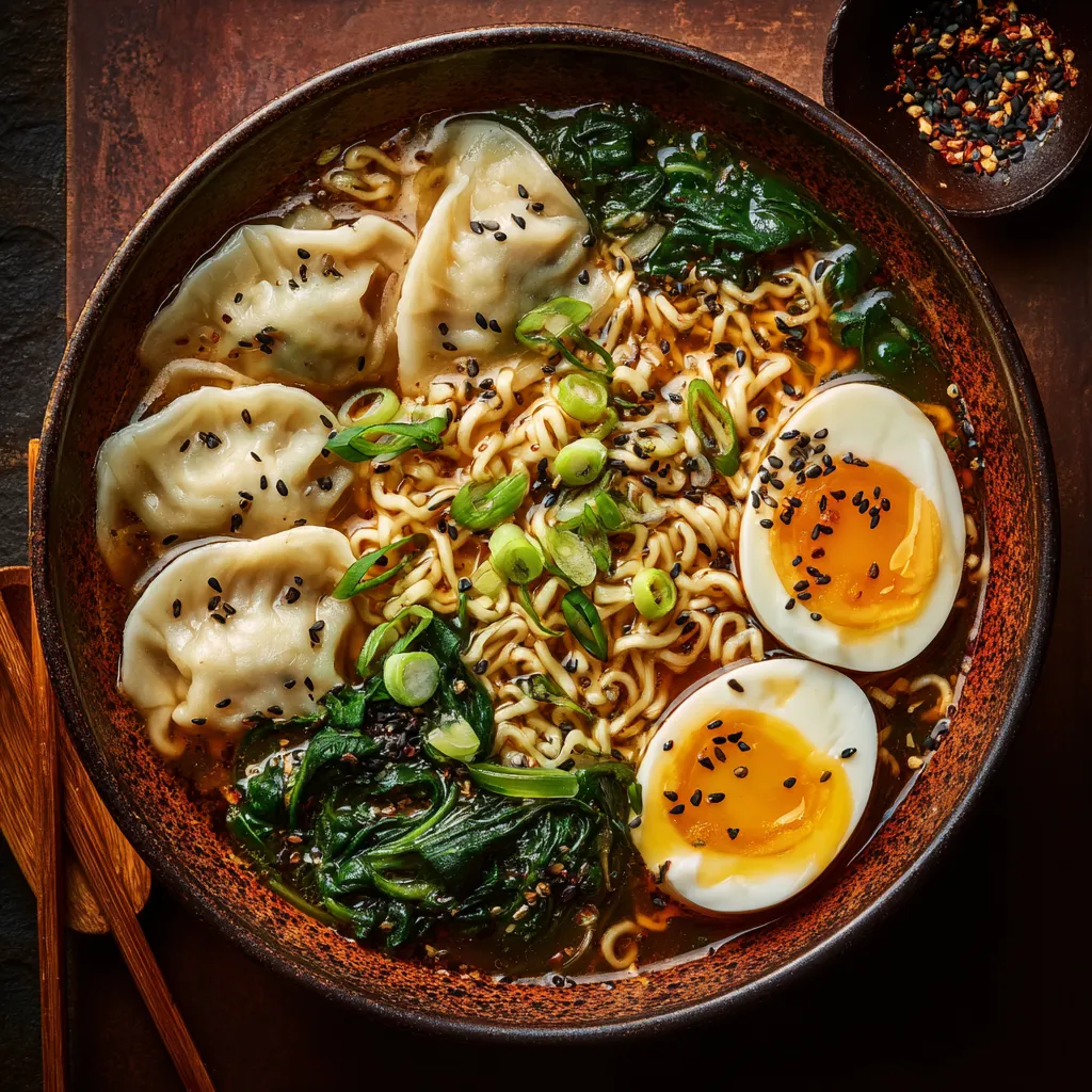 A bowl of ramen with eggs and vegetables.