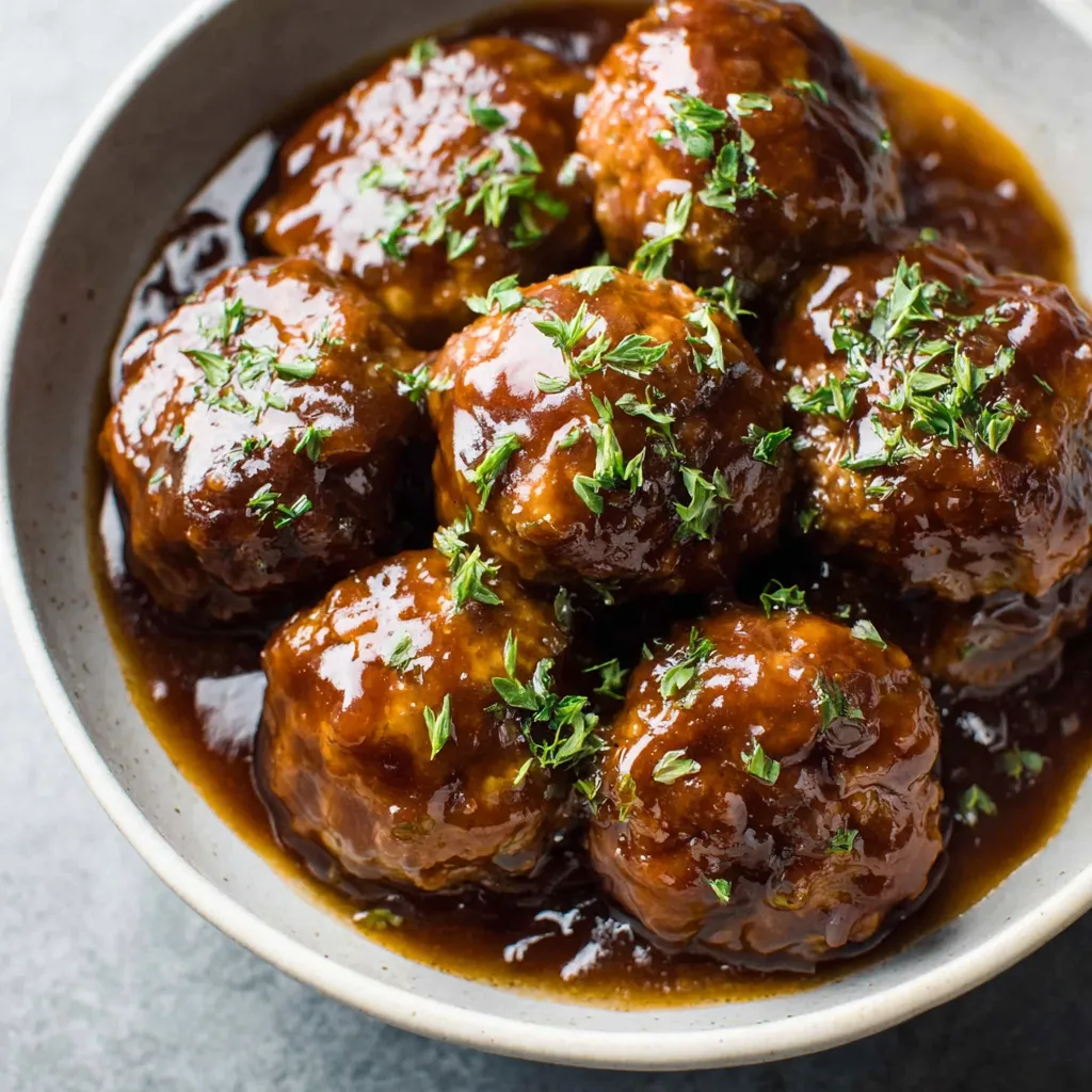 A bowl of meatballs in a brown sauce.