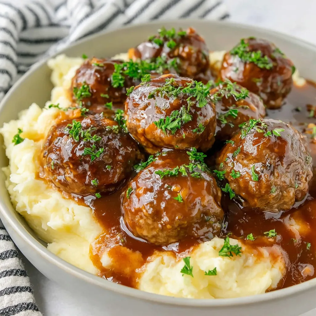 A bowl of meatballs with gravy on top.