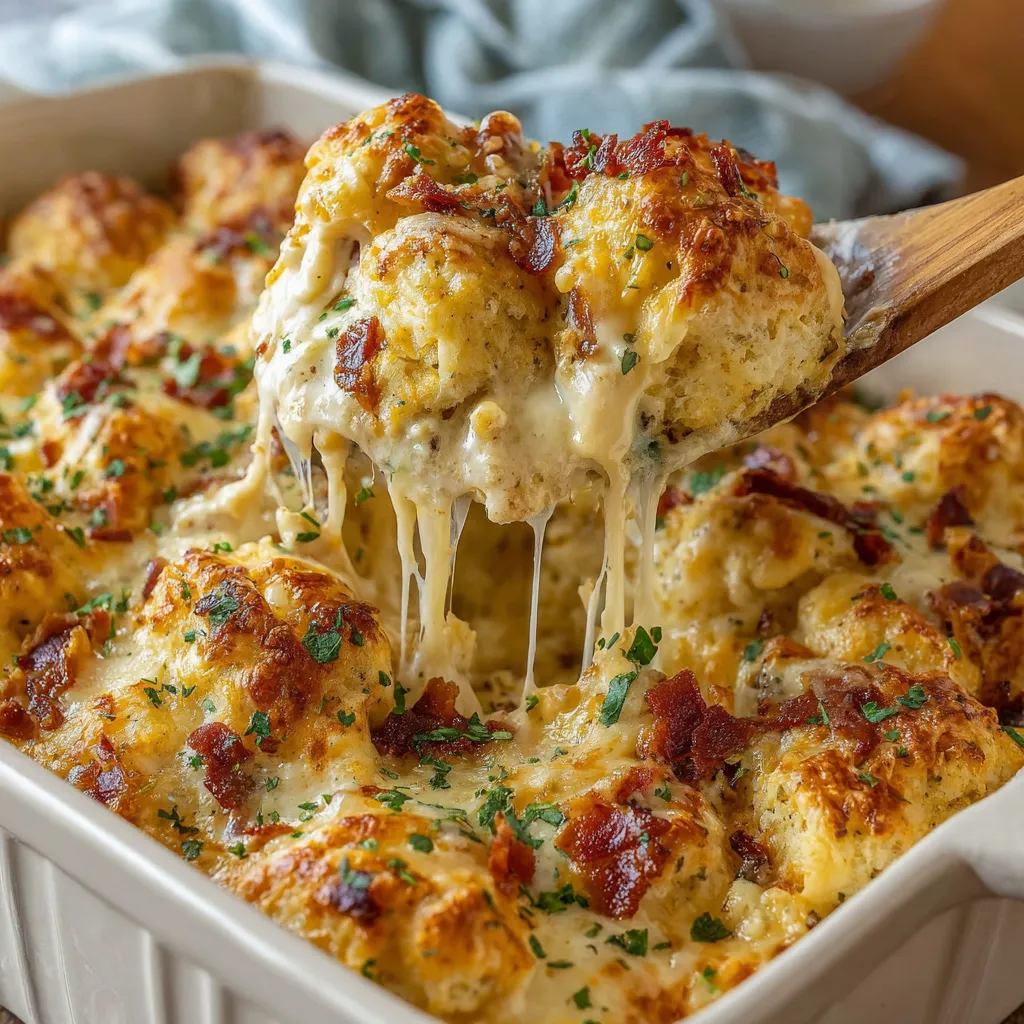 A close up of a chicken bubble biscuit bake casserole.