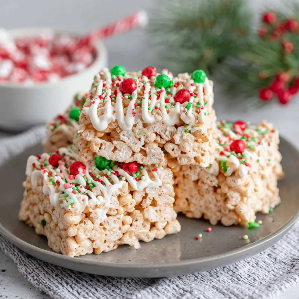 A plate of rice crispy treats with christmas decorations.