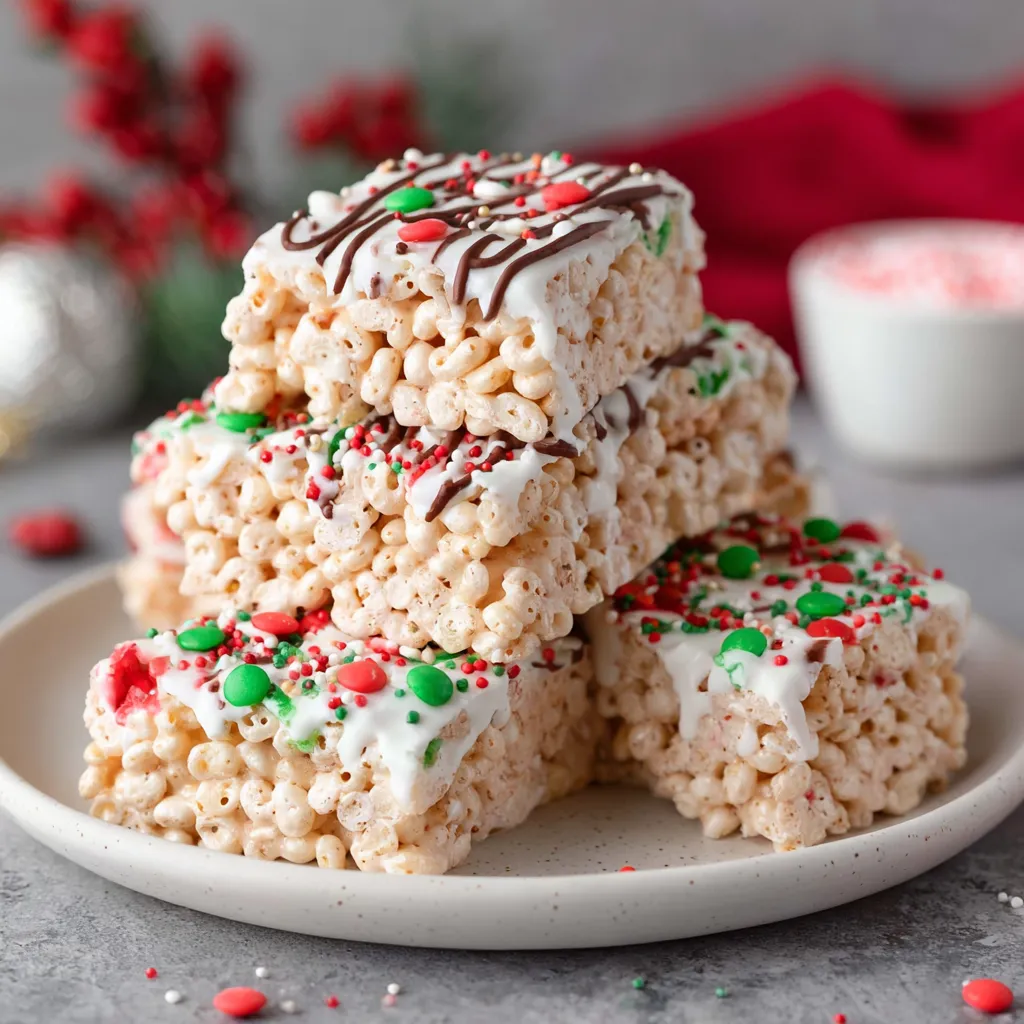 A plate of rice crispy treats with christmas decorations.