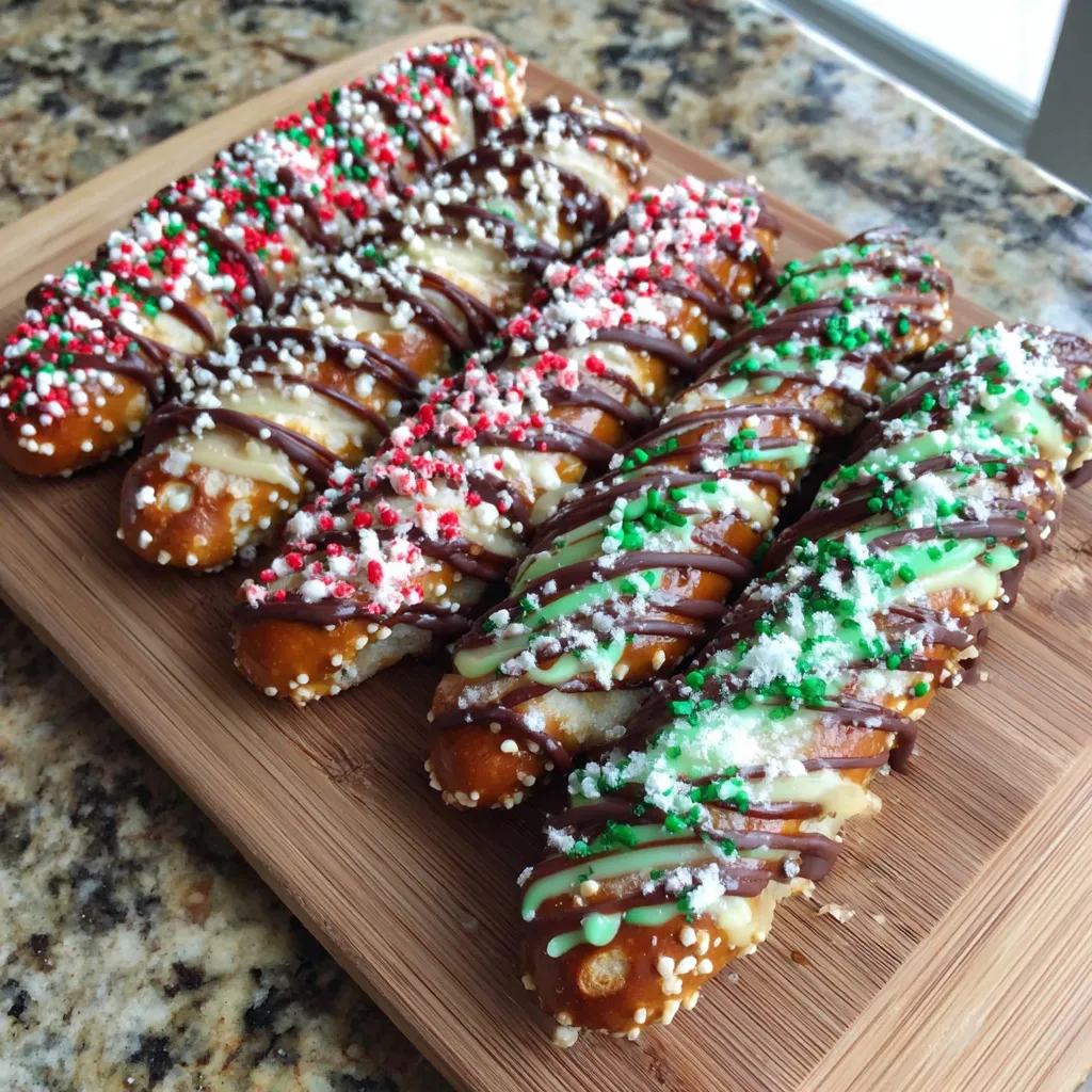 A wooden platter with pretzel rods in red, green, and white colors.