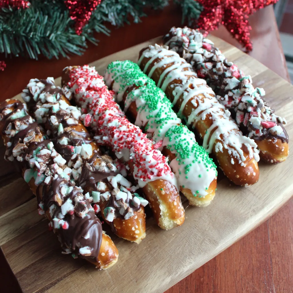 A wooden platter with a variety of pretzel rods.