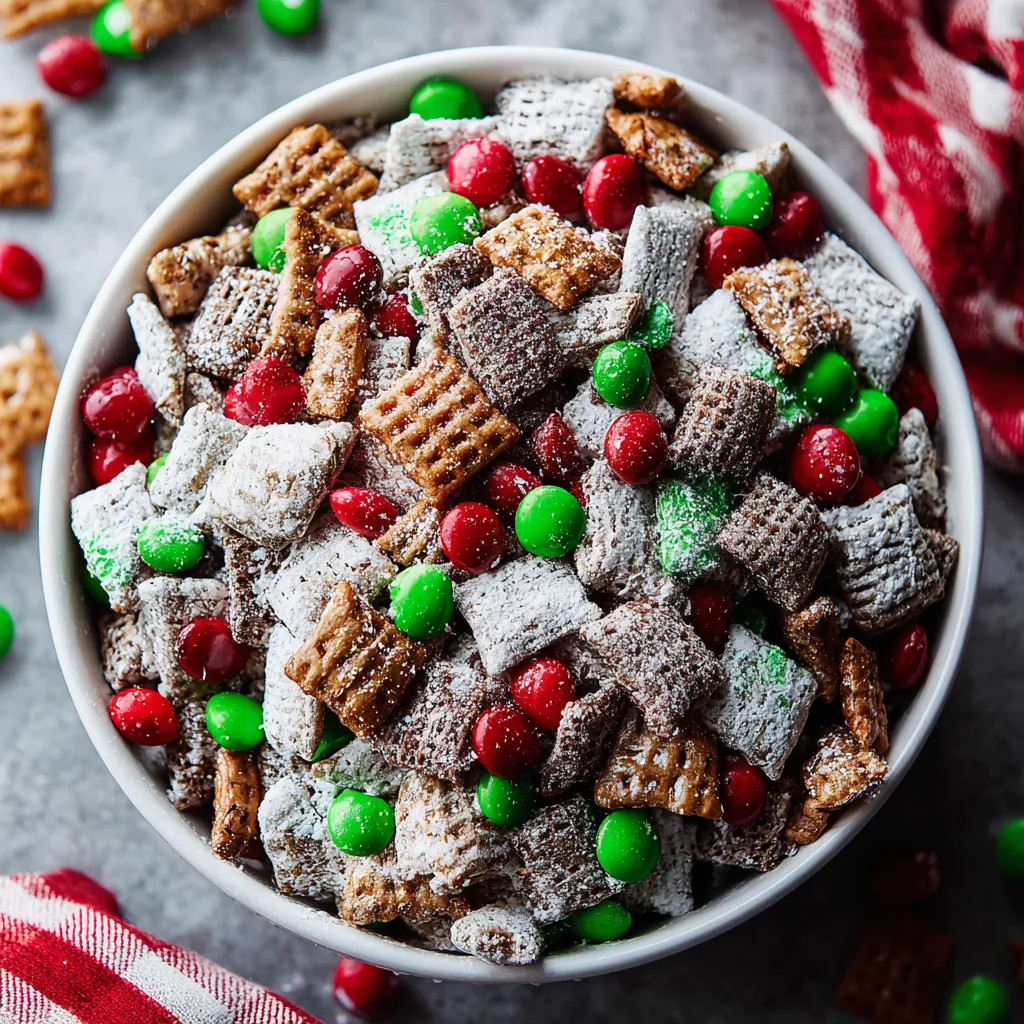 A bowl of Christmas puppy chow with green and red candy.