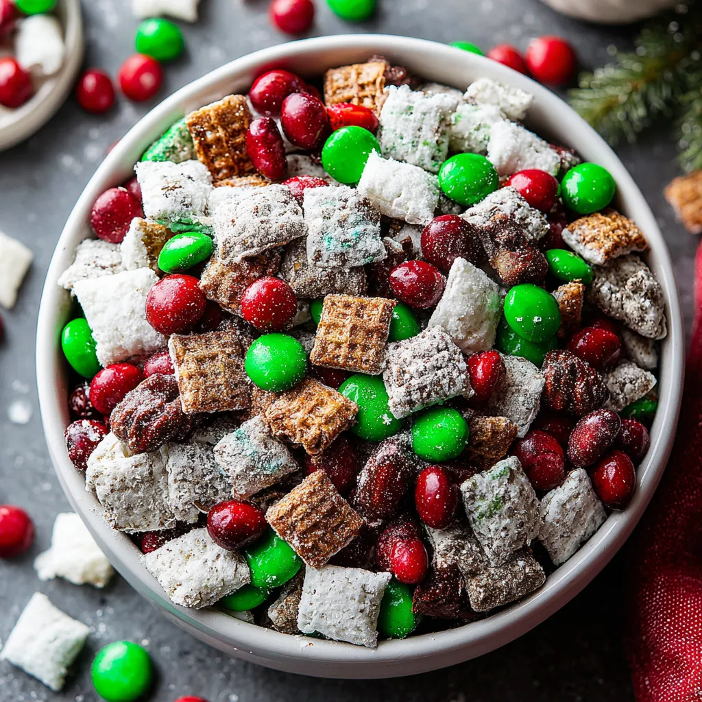 A bowl of Christmas puppy chow with green and red candy.