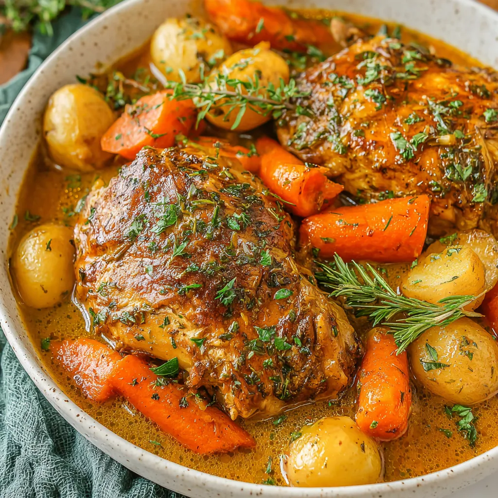 Crockpot Chicken Pot Roast with carrots, baby potatoes, and herbs in a savory slow-cooked gravy.