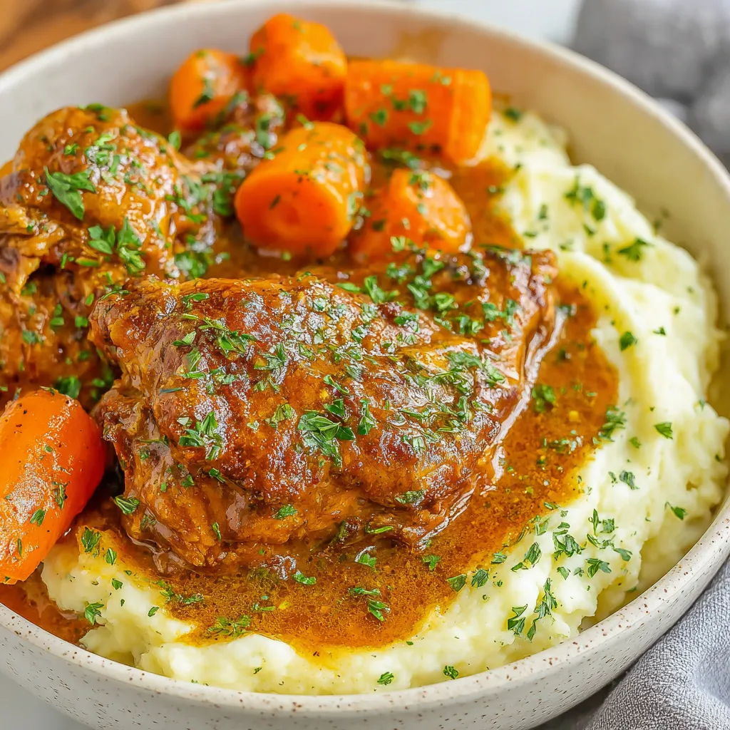 Crockpot Chicken Pot Roast served over creamy mashed potatoes with tender carrots and rich savory gravy.