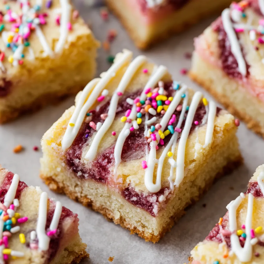 A close up of a cookie bar with white icing and sprinkles.