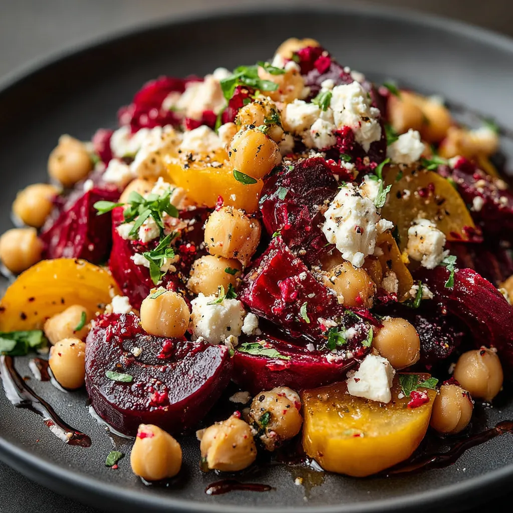 A plate of food with chickpeas, beets, feta cheese, and other ingredients.