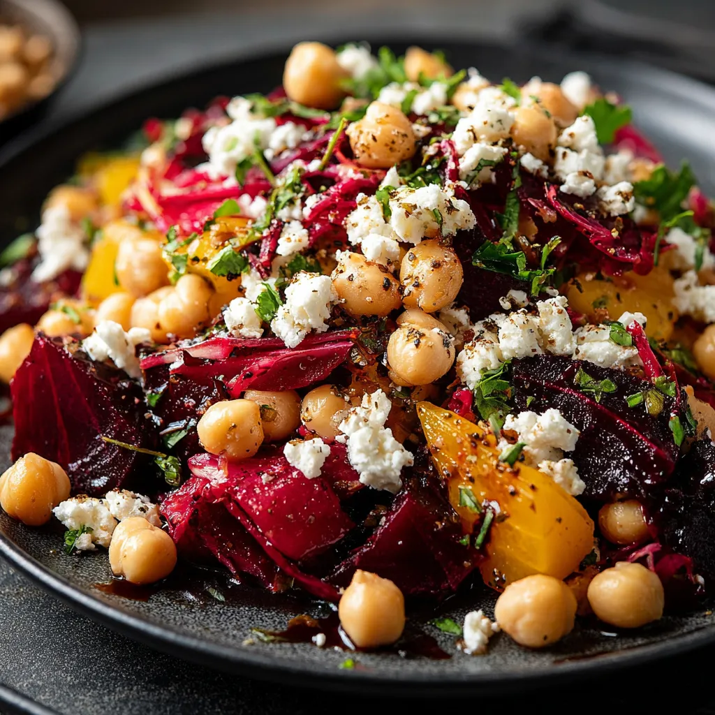 A plate of food with chickpeas, beets, and feta cheese.