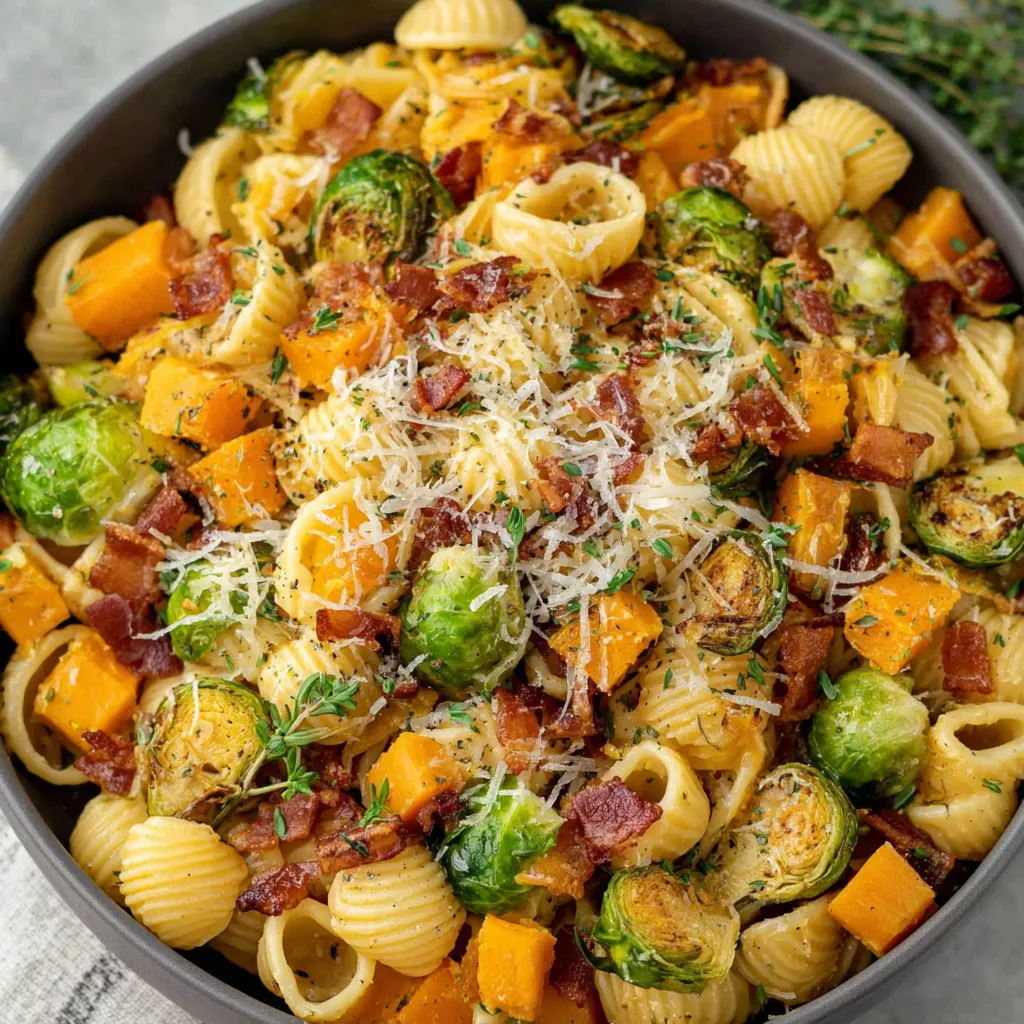 A bowl of pasta with brussels sprouts and butternut squash.