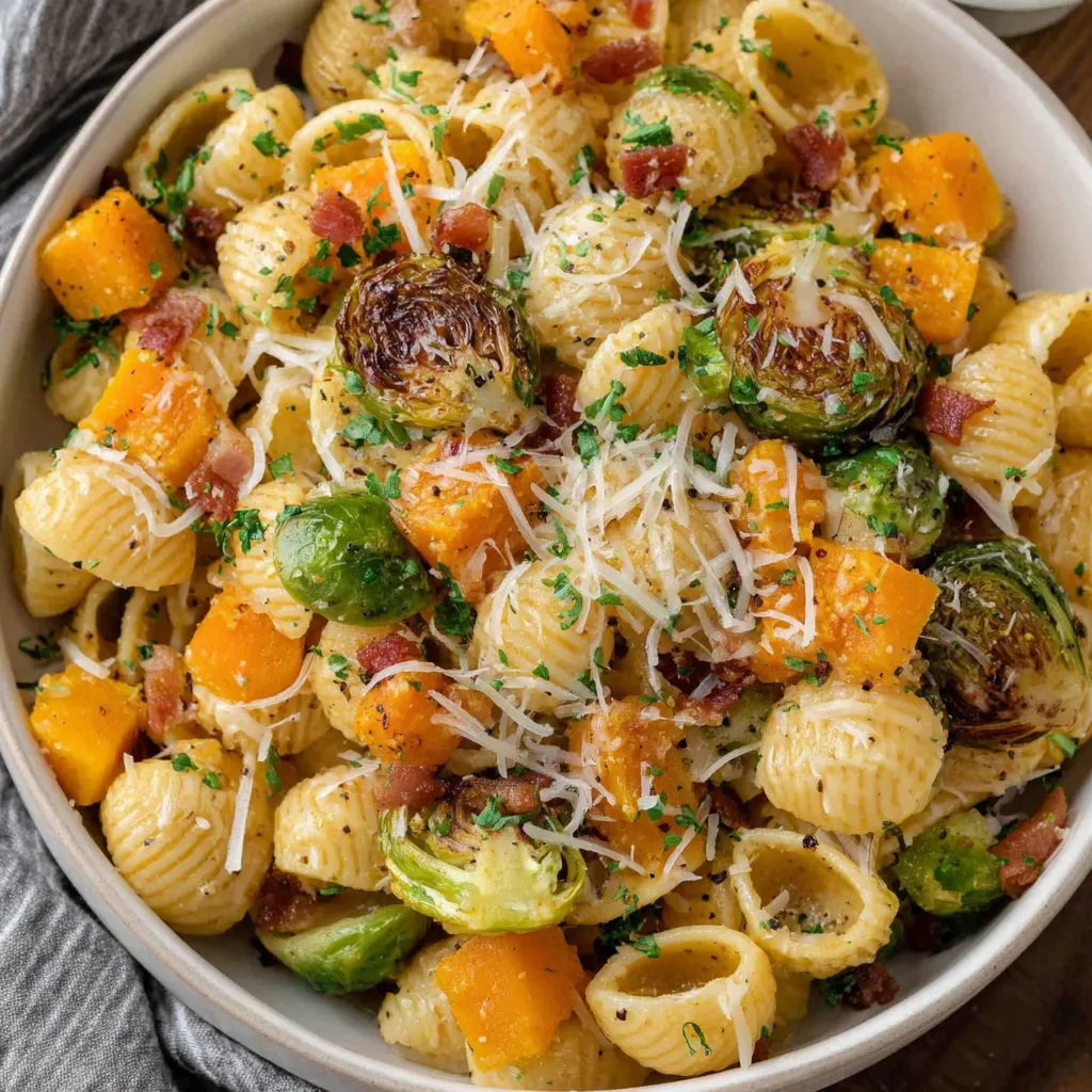 A bowl of pasta with Brussels sprouts and butternut squash.