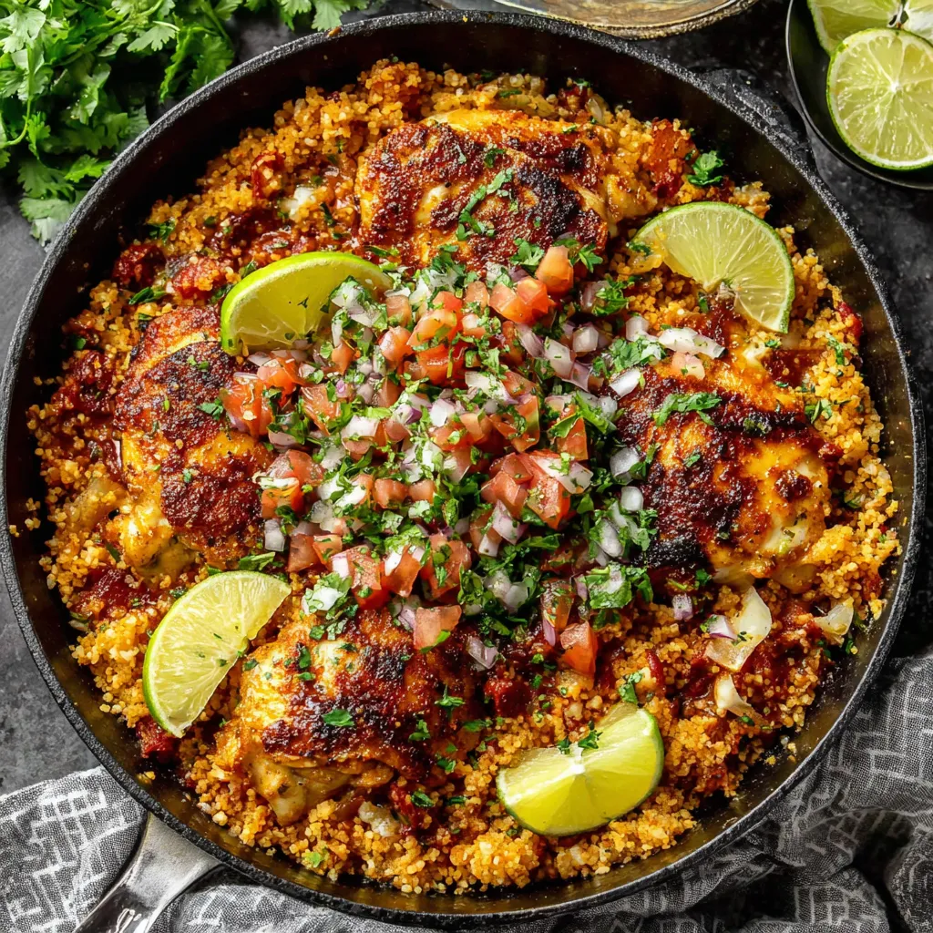 Salsa Chicken and Cauliflower Rice Skillet topped with salsa, melted cheese, and fresh cilantro in a cast-iron pan.
