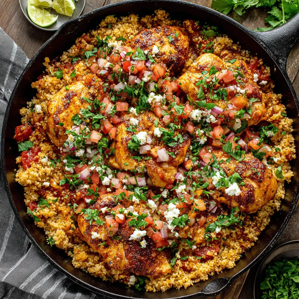 Fresh Salsa Chicken and Cauliflower Rice Skillet with lime wedges, cilantro, and golden-browned chicken.