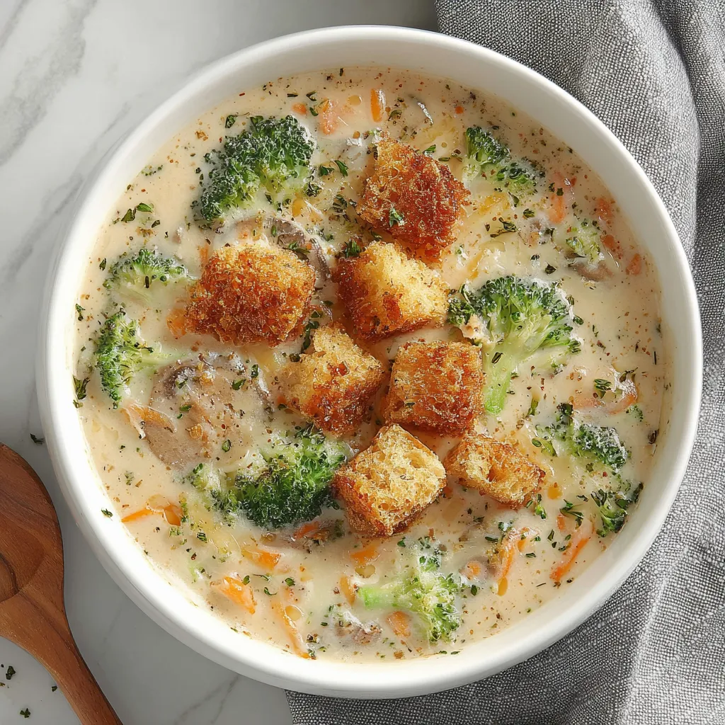 Smoked Gouda Broccoli Soup in a white bowl topped with golden crunchy croutons, creamy texture, broccoli florets, and herbs — comforting and cheesy soup.