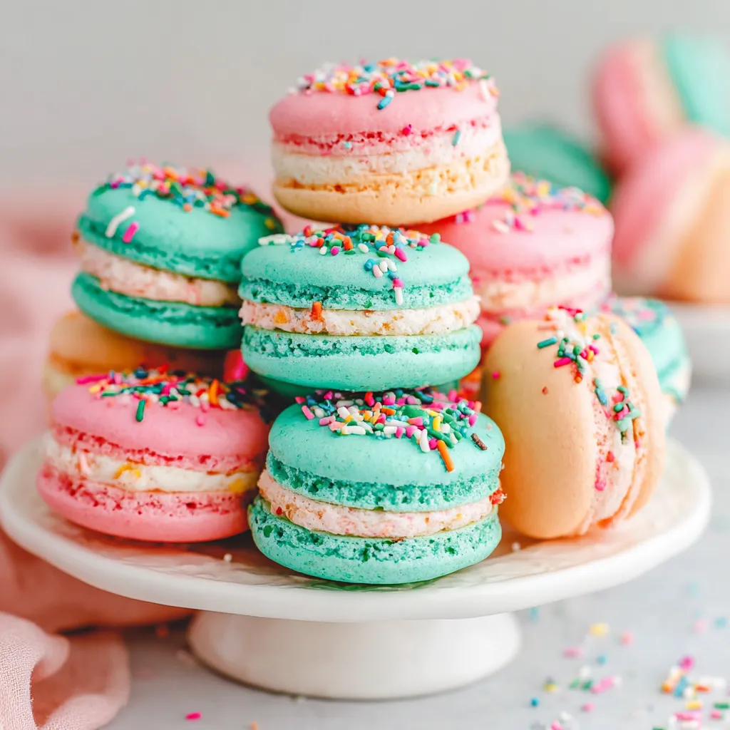 Birthday Cake Macarons with colorful sprinkles – pink and turquoise French macarons filled with birthday cake buttercream on a white stand.