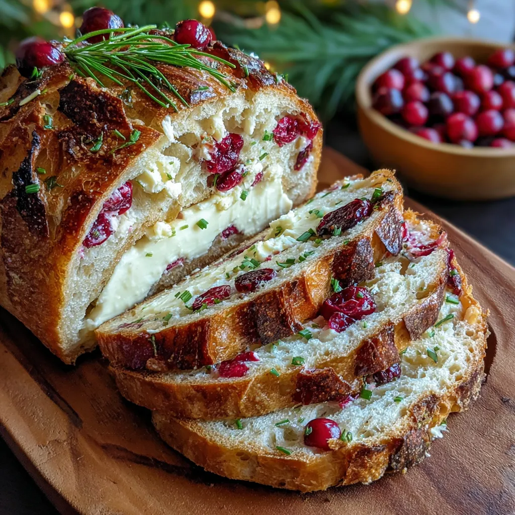 Cranberry Goat Cheese Sourdough loaf filled with melted goat cheese, cranberries, and herbs, golden and crispy on a wooden board.