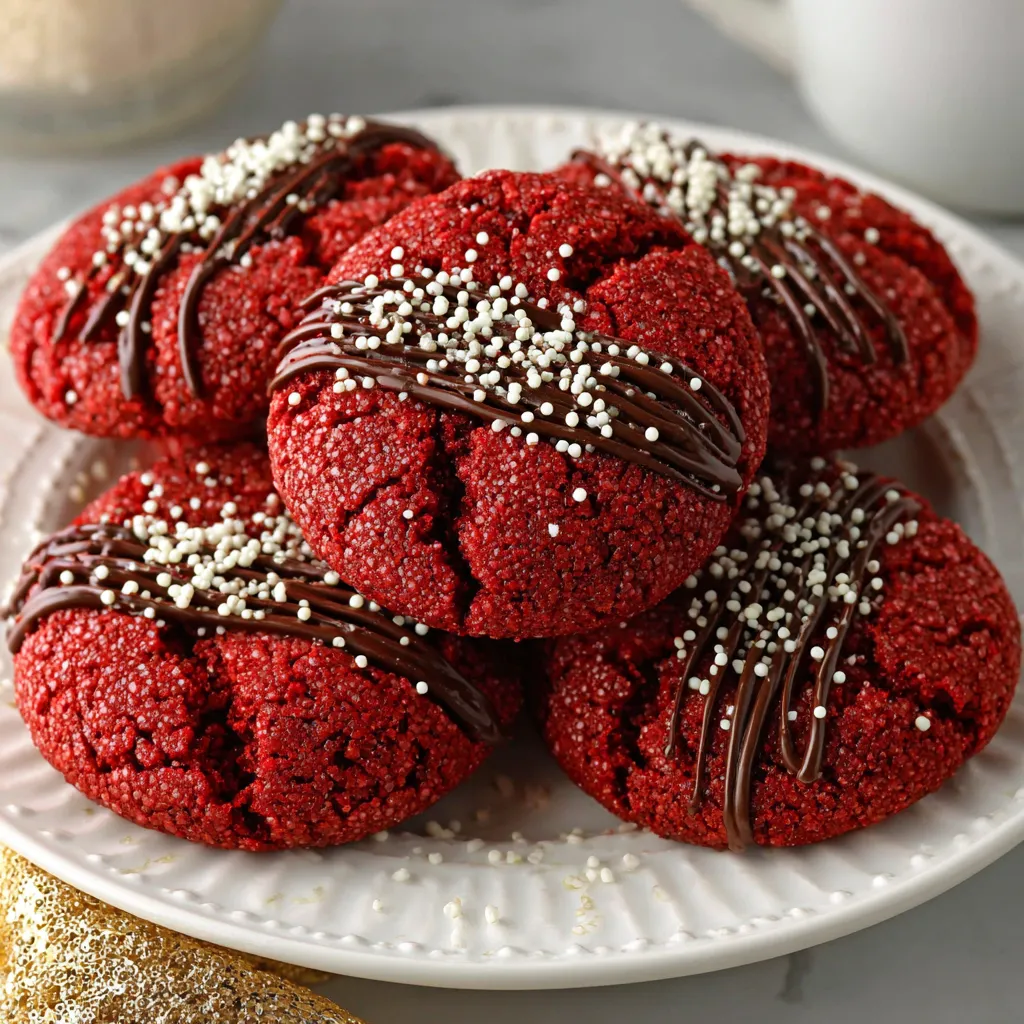 Hershey’s Red Velvet Blossoms Cookies topped with a drizzle of chocolate and white sprinkles, soft red velvet texture perfect for Christmas baking.