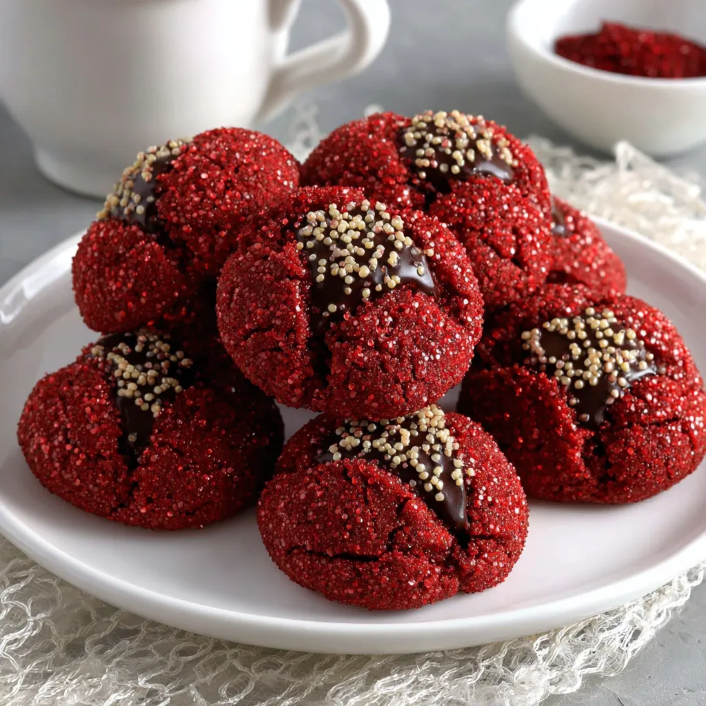 Soft Hershey's Red Velvet Blossoms filled with melted chocolate and coated in sparkling red sanding sugar, festive holiday cookie recipe.