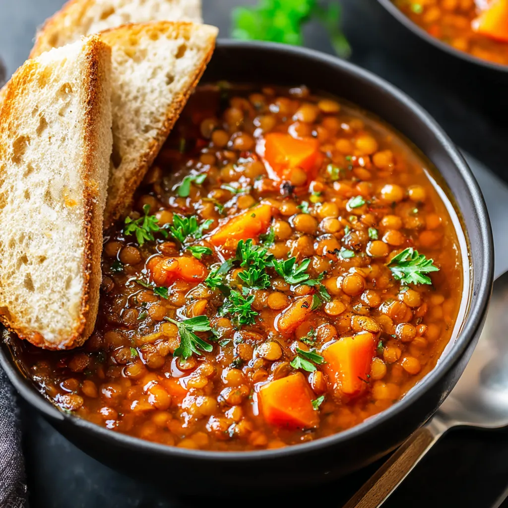 Best Lentil Soup in a black bowl with carrots, parsley, and bread slices – hearty and flavorful comfort food.
