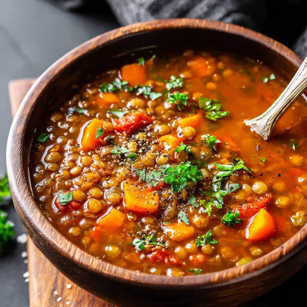 Cozy Best Lentil Soup served in a wooden bowl with carrots, herbs, and rich broth – warm and comforting.
