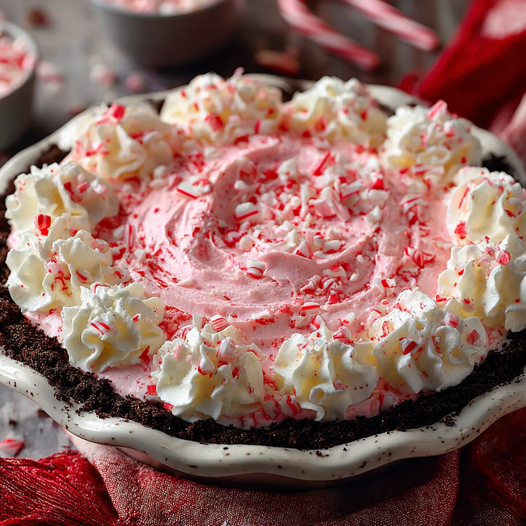 A peppermint pie with white whipped cream.