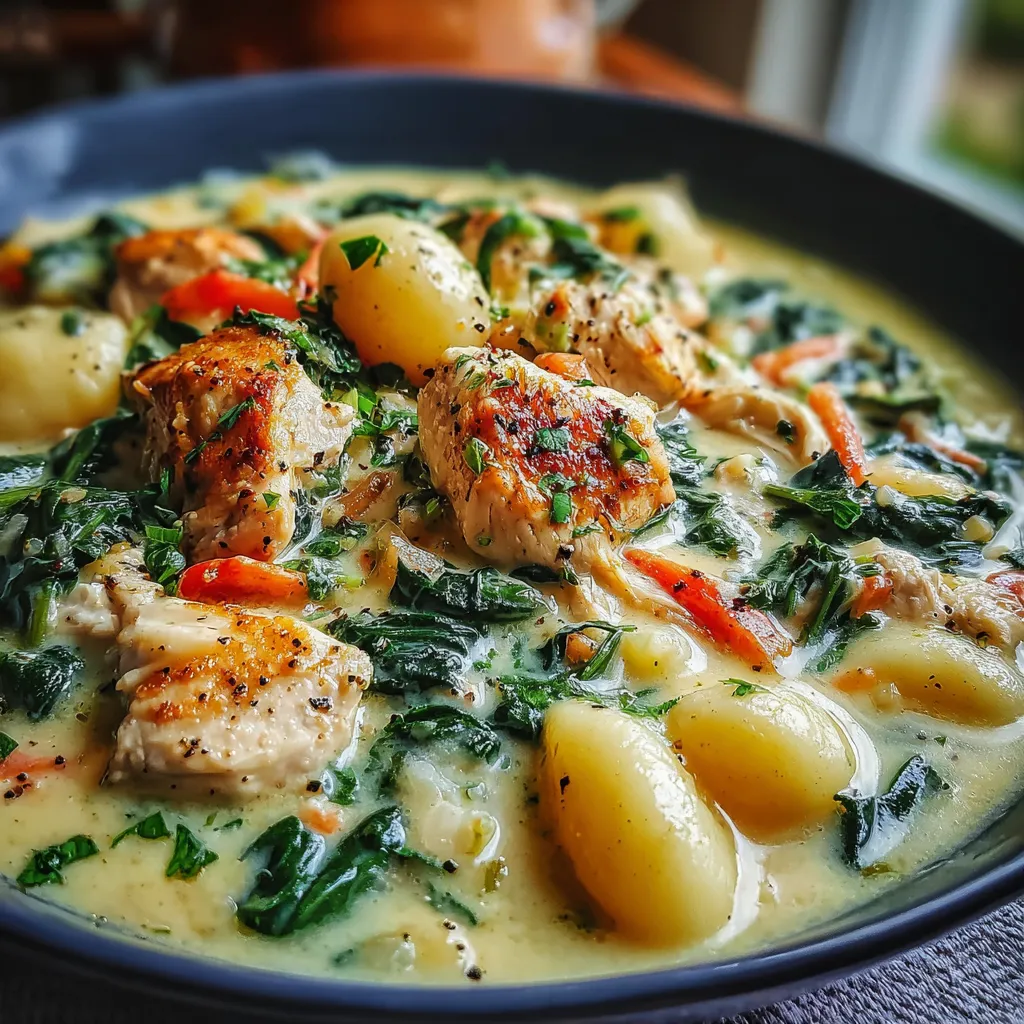 Creamy Olive Garden chicken gnocchi soup with browned chicken pieces, soft gnocchi, spinach, and carrots in a thick, comforting broth.