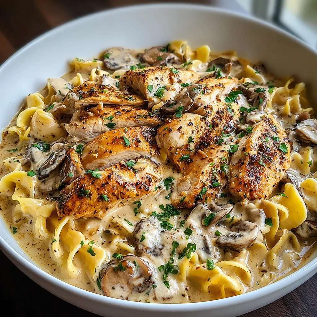 A bowl of creamy chicken stroganoff.