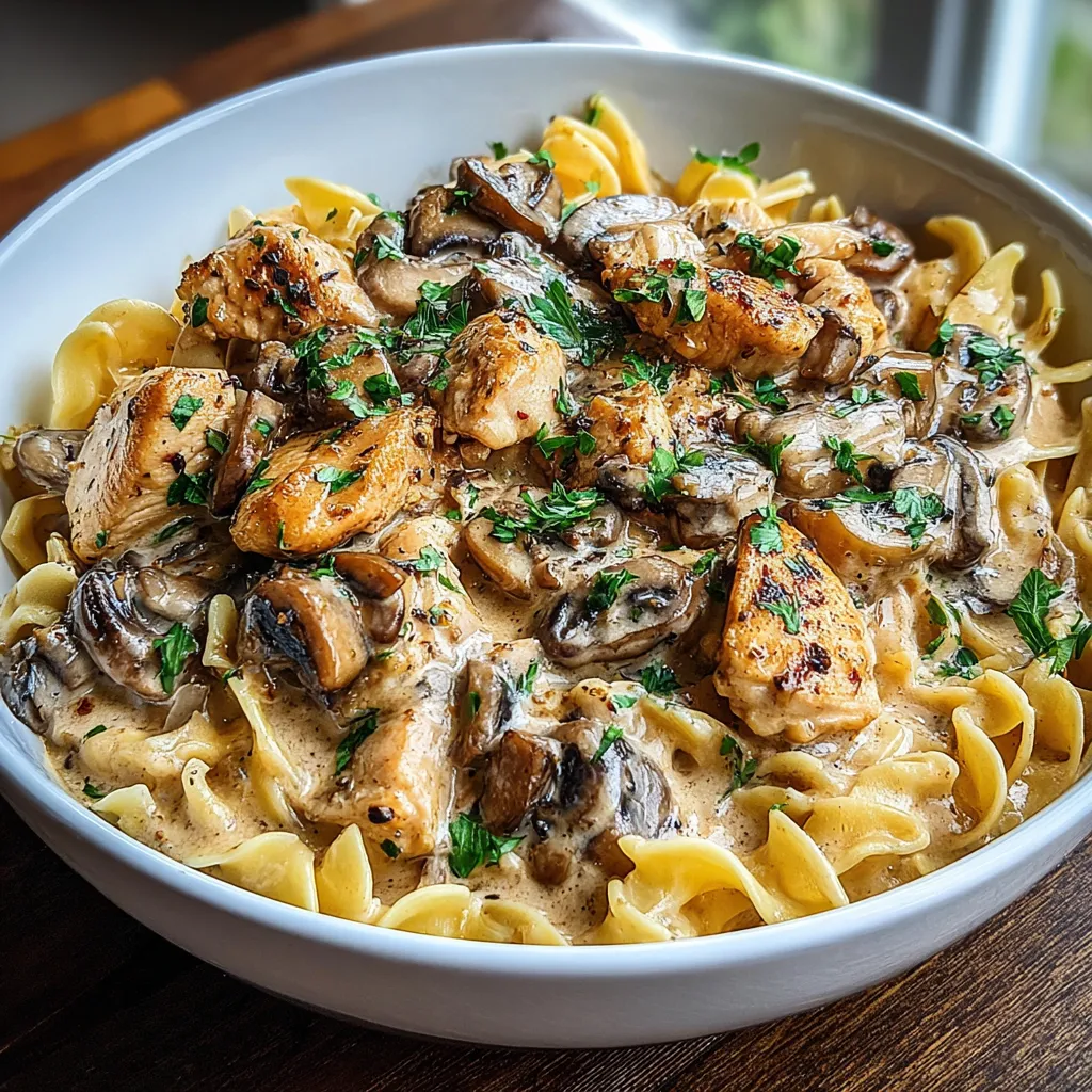 A bowl of creamy chicken stroganoff.