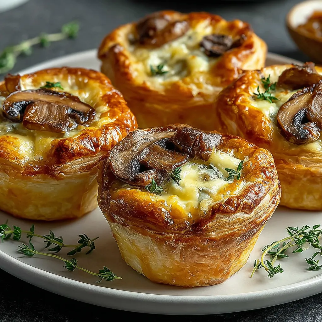 Mini Mushroom and Gruyère Pot Pies with golden puff pastry and fresh thyme on a plate.