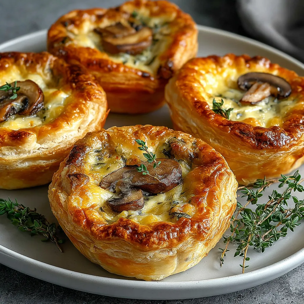 Mini Mushroom and Gruyère Pot Pies baked in flaky puff pastry with mushrooms and thyme on top.