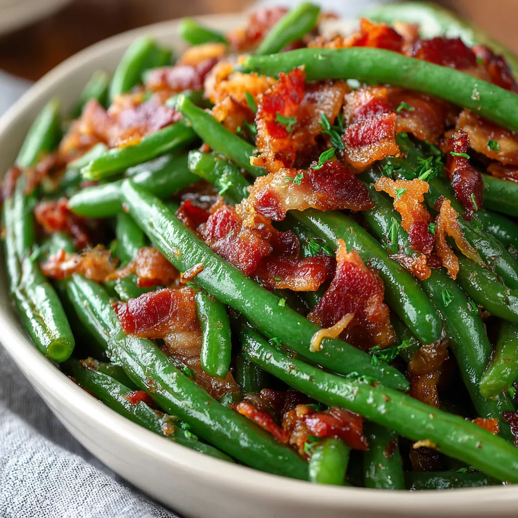 Crispy Crack Green Beans topped with caramelized bacon pieces, fresh green beans glazed in a sweet brown-sugar butter sauce, served in a bowl. Sweet, salty, and glossy holiday side dish.