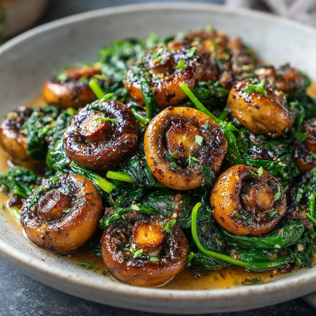 Whole caramelized mushrooms sautéed with fresh spinach, garlic, herbs, and olive oil. Glossy whole mushrooms with wilted spinach in a rustic bowl. Easy sautéed mushrooms and spinach side dish.