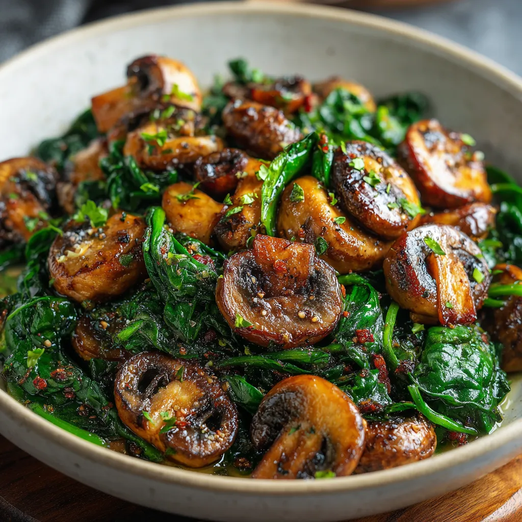Sautéed mushrooms with spinach in a garlic butter sauce, glossy caramelized mushrooms mixed with wilted spinach, served in a rustic bowl. Easy sautéed mushrooms and spinach side dish.