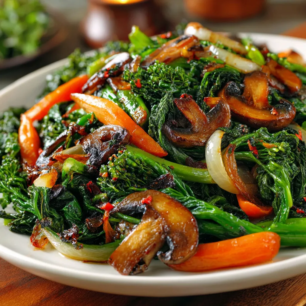 A plate of sautéed vegetables, including broccoli, carrots, and mushrooms, is ready to be eaten.