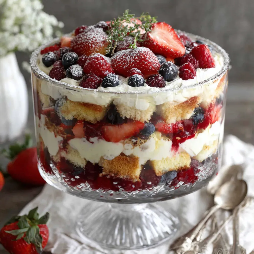 A glass bowl filled with a berry and cream dessert.