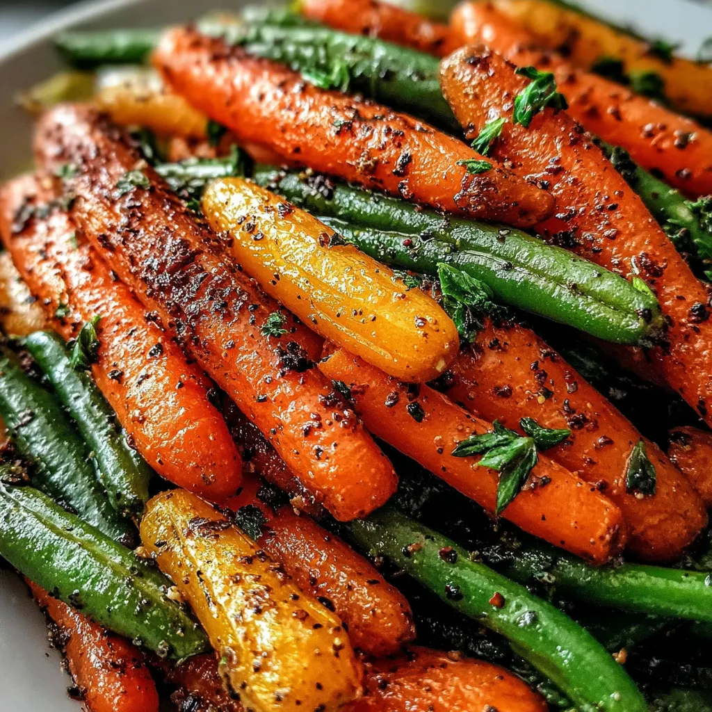 A plate of roasted carrots and green beans.