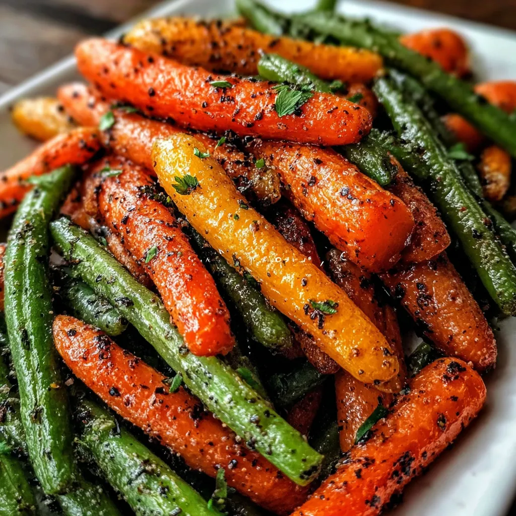 A plate of roasted carrots and green beans.