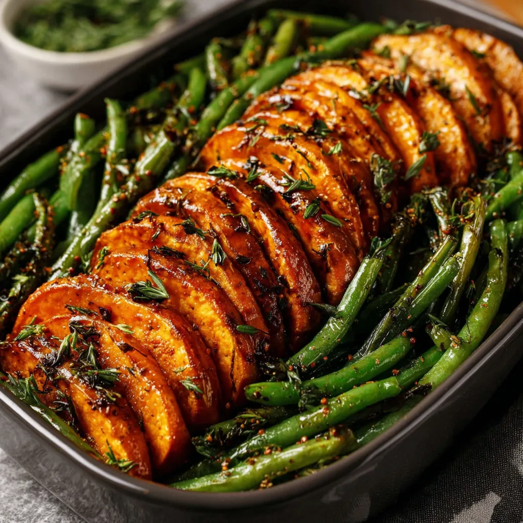 A dish of sweet potatoes and green beans.