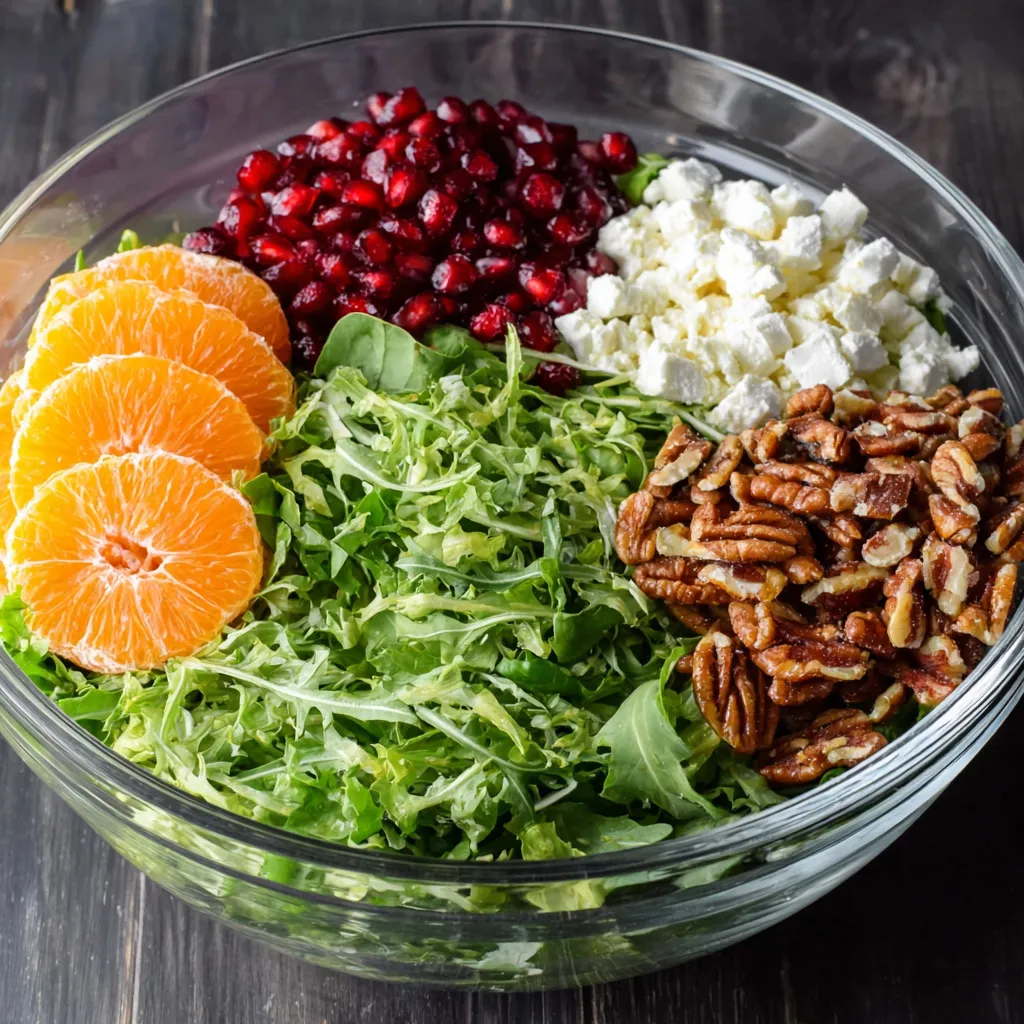 Bowl of mixed greens surrounded by small bowls of mandarin orange segments, pomegranate seeds, feta cheese and candied pecans, prepared for a fresh winter salad..