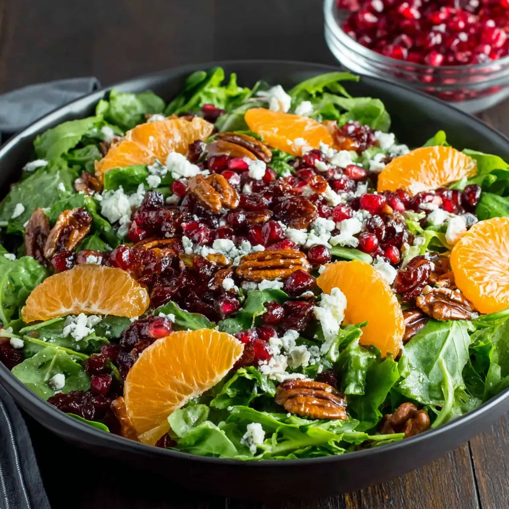 A bowl of salad with oranges, pomegranate, and walnuts.