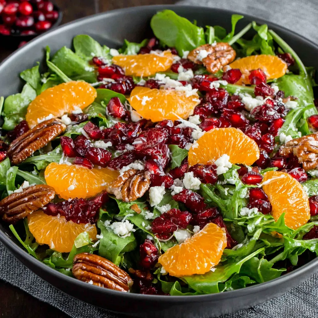 A bowl of salad with oranges, cranberries, and spinach.