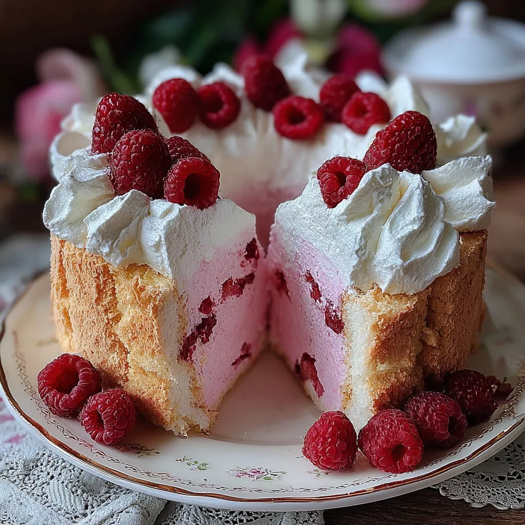 Light raspberry angel food cake topped with whipped cream and whole raspberries on a plate, showing airy texture and real fruit pieces