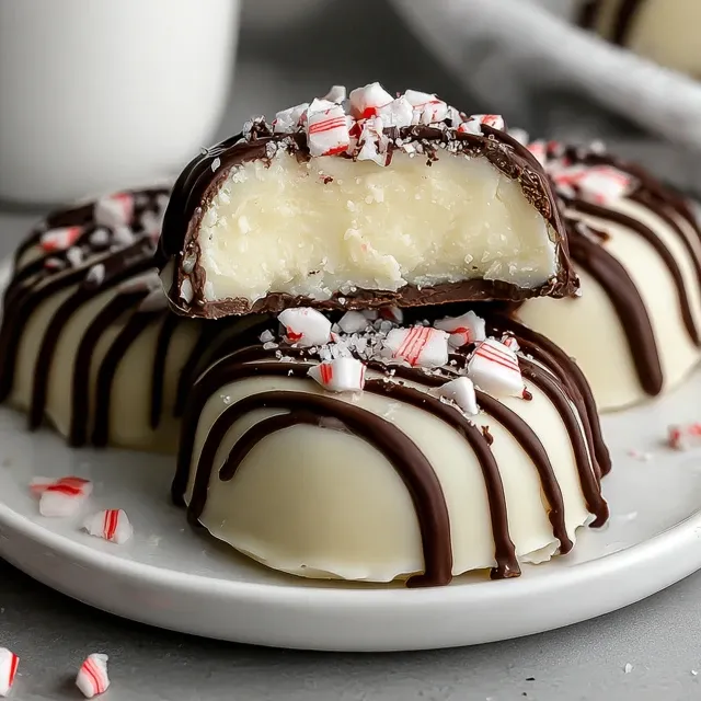 Soft and creamy Christmas peppermint creams cut open, showing smooth mint center inside chocolate coating with crushed peppermint topping.