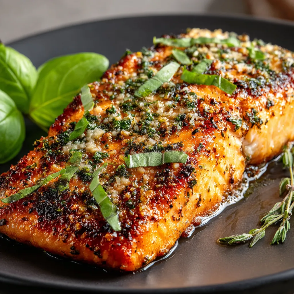 Juicy parmesan basil air fryer salmon fillet cooked until golden and flaky, garnished with basil and herbs.