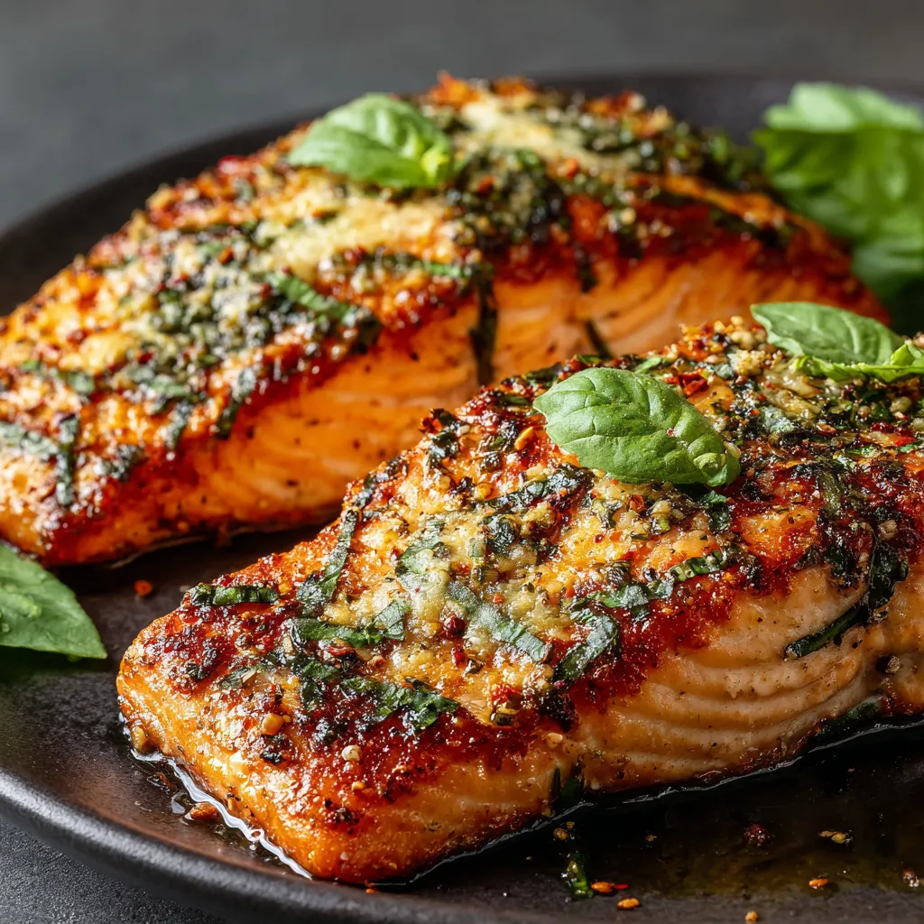 Parmesan basil air fryer salmon with a crispy golden crust, topped with fresh basil and parmesan cheese on a dark plate