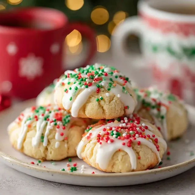 Soft Italian Christmas Cookies with icing and holiday sprinkles served on a plate with a festive Christmas background.